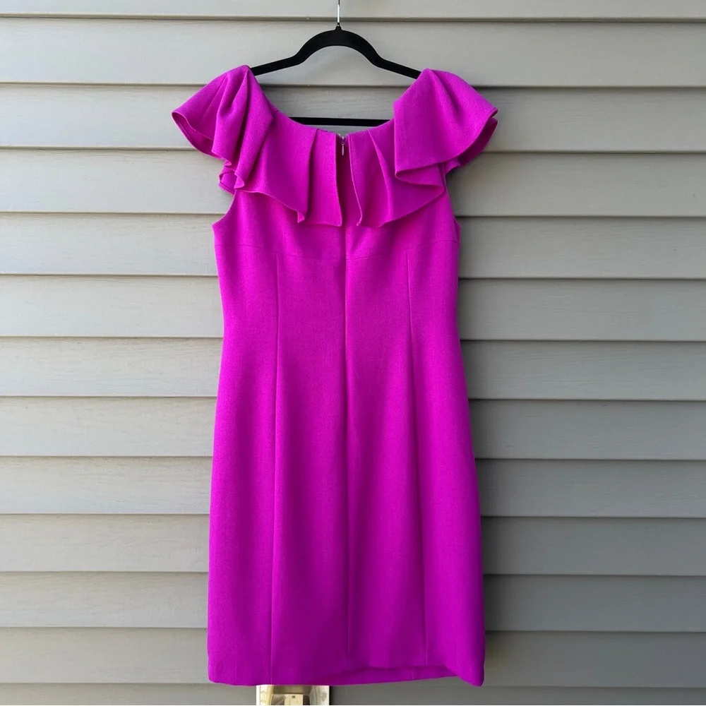 Antonio Melani Tailored Sheath Dress Size 10 Purple Ruffle Off-Shoulder - Picture 5 of 15